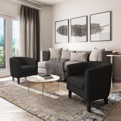 BELLEZE Living Room Chairs Set of 2, Teddy Polyester Accent Barrel Chairs, Club Tub Sofa Chairs for Bedroom, Corner Chairs with Flared Legs and Cozy Soft Padding - Highland (Teddy Black)