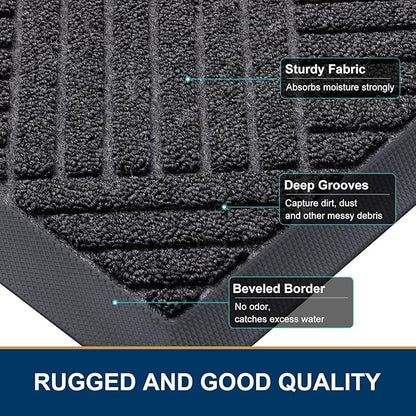 Smiry Front Door Mat Outside Entrance, Heavy Duty Outdoor Indoor Mat, Natural Rubber Doormat, Non Slip, Trap Dirt and Moisture, Easy Clean, Low Profile Patio Porch Entryway Mat, 29.5x17, Black Grey