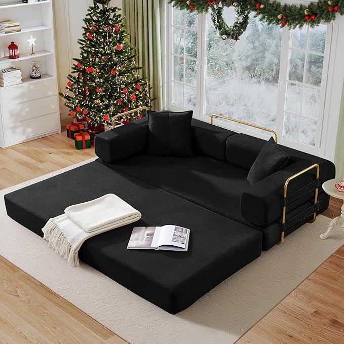 Antetek Convertible Futon Sofa Bed, 3-Seater Modern Corduroy Foam Floor King Size Bed Fold Out Sleeper Lounge Loveseat Sofa Couch with 2 Throw Pillows for Living Room Bedroom Guest Room, Black