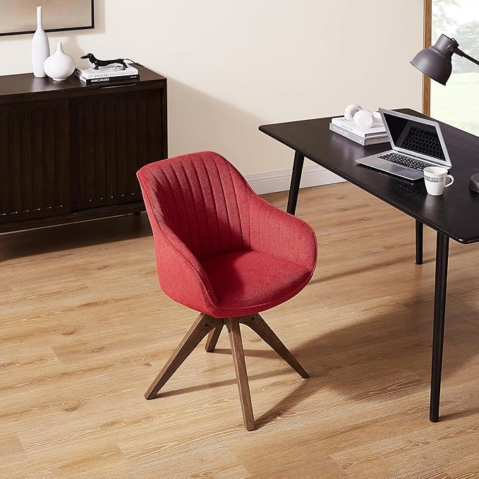 Art Leon Desk Chair No Wheels - Mid Century Modern Office Chair, Swivel Accent Chair with Oak Wood Legs, Fabric Upholstered Arm Chair, Red