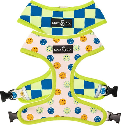 Lucy & Co. Reversible Dog Harness - Water-Repellent Neoprene, Dual-Print Design, Easy Swap Style, Adjustable Comfort Fit - Have a Nice Day Reversible Harness - Small