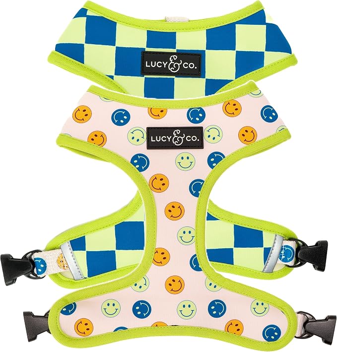 Lucy & Co. Reversible Dog Harness - Water-Repellent Neoprene, Dual-Print Design, Easy Swap Style, Adjustable Comfort Fit - Have a Nice Day Reversible Harness - X-Small