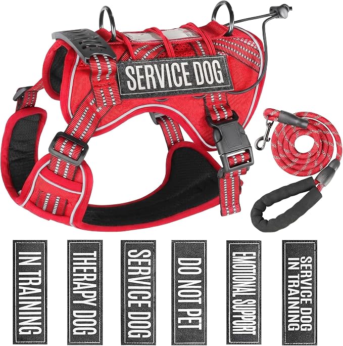 Service Dog Tactical Vest Harness and Leash Set Large Sized Dog Emotional Support- Tactical Dog Harness Training Collar with Name (Red, S)