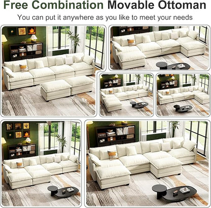 146" Cloud Couch Sectional, U Shaped Modular Sectional Sofa, 4-Seat Deep Seat Couch with 6 Removable Washable Pillows and 2 Ottoman for Living Room, Bedroom, Apartment, Beige