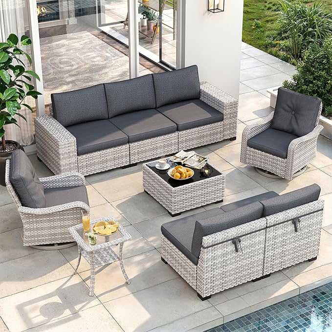 9 Piece Outdoor Wicker Rattan Sectional Sofa Set with Swivel Chairs, 7-Seats Conversation Set with 4" Thickened Cushions & Coffee Table, All-Weather PE Rattan for Garden, Backyard, Porch, Black