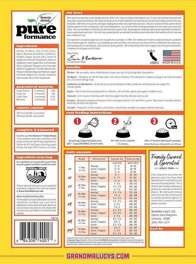 GrandmaLucy Pureformance Freeze Dried Grain Free Chicken Recipe Dog Food 1 Lbs
