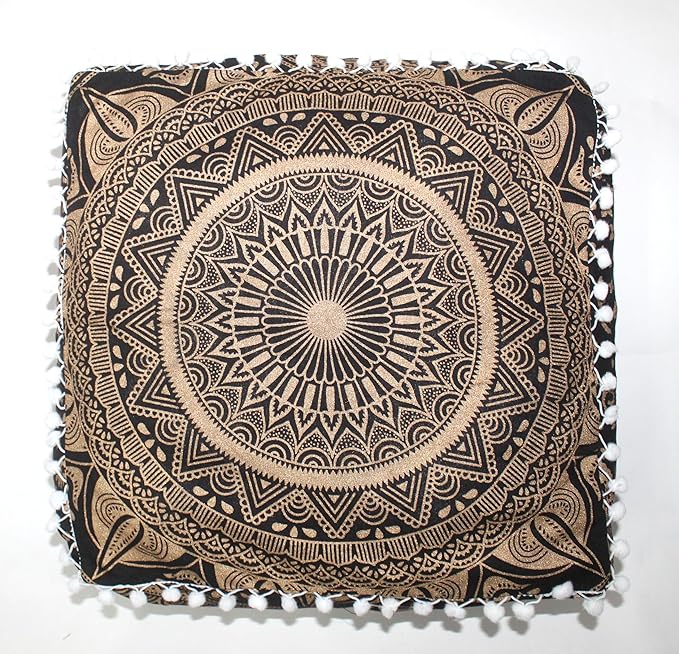 CRAFT KALA 18" Square Large Hippie Mandala Meditation Floor Ottoman Pillow Cushion Pouf Cover Square Poufs Bohemian Circle Floor Cushion Case Outdoor Fireplace Yoga Living Room Decor Cover Black Gold