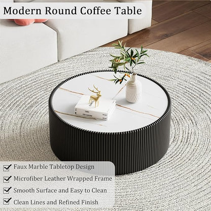Round Coffee Table Set with Sintered Stone Tabletop, 29.52" Black Drum Center Table and 17.71" Grey Coffee Table Set, 2 Pieces Living Room Table Set with Fluted PU Leather Cover& Stable Base