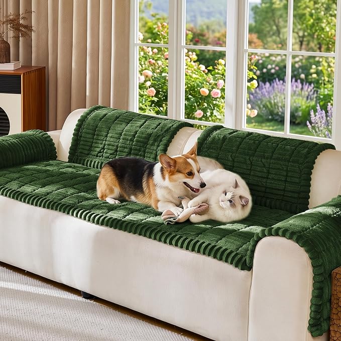 FUANGUI Waterproof Couch Cover Sofa Cover for Dogs and Pets Sofa Protector | Non-Slip Washable Fuzzy Soft Cat Bed Sofa Slipcover for 2-3 Cushion Couch Sofa Pet Friendly, Dark Green, 27.6" x 70.9", 1 pcs