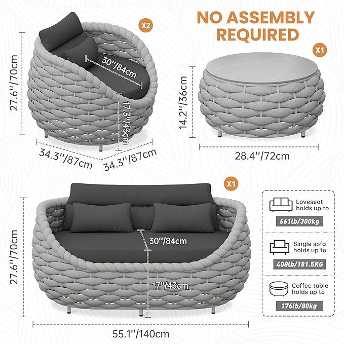 Erotr 4 Pieces Assembled Patio Conversation Sets, Hand Woven Rope Outdoor Furniture Sofa Set - Aluminum Modern Cushions Couch Armchair Table Set - All Weather for Indoor Deck Porch Backyard Hotel