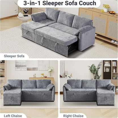 Tbfit Sleeper Sofa Couch with Pullout Bed, Sofa Bed Couch with USB & Storage Chaise, Chenille Convertible Sleeper Sofa, 83'' Pull Out Sofas Couches for Small Space, Apartment, Light Gray