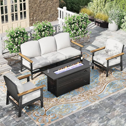 HERA'S HOUSE HDPE Patio Furniture Set, 4-Piece Outdoor Wicker Conversation Couch Set with 57" Fire Pit Table and Thick Cushion, All-Weather Patio Sofa Set for Backyard Garden Deck
