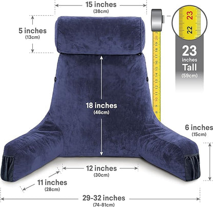 Husband Pillow Medium Dark Blue, Backrest for Kids, Teens, Petite Adults - Reading Pillows with Arms, Adjustable Loft, Plush Memory Foam, Bed Rest Chair Sitting Up, Detach Neck Roll, Removable Cover