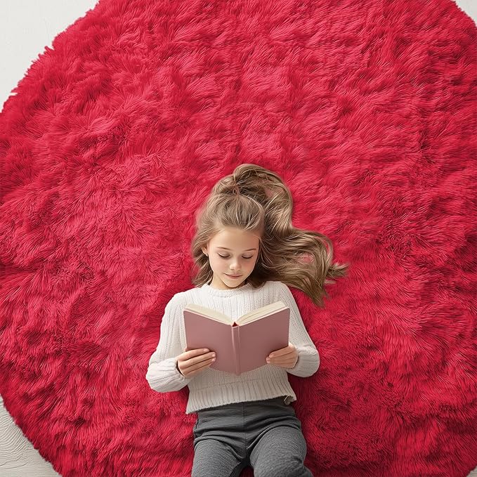 OLANLY Red Round Rugs for Bedroom - Machine Washable, 6 ft Circle Area Rugs for Living Room, Soft and Fluffy Shaggy Carpet for Teen Girls and Boys, Nursery Rooms, Dorms, Home Decor Aesthetic