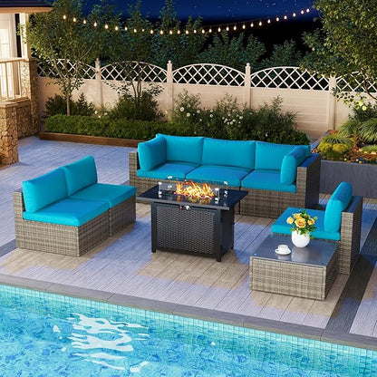 8 Pieces Outdoor Patio Furniture Set with 43" Fire Pit Table, Wicker Outdoor Patio Sectional Sofas Coffee Table, All-Weather Patio Conversation Set with Cushions for Garden Backyard, Light Blue