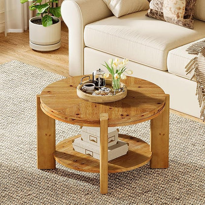 TRIBEWOOD Round Solid Wood Coffee Table, 29.5" Small Farmhouse Circle Accent Center Tables with Storage Shelf for Living Room, 2 Tiers Open-Style Storage Cocktail Tea Furniture, Rustic Brown