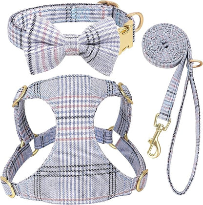 Beirui Cute Extra Small Dog Harness Collar and Leash Set with Bowtie, Soft Adjustable Plaid Puppy Harness for Small Sized Dogs Cats Walks Parties and Photoshoots(Blue,XS:Chest 13-18")
