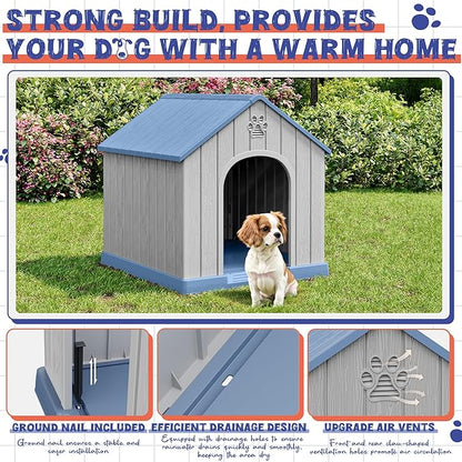 Dog House Outdoor Indoor, Plastic Small Dog House-Weatherproof & Insulated Design with Air Vents & Elevated Floor for Small to Medium Dogs, Easy Clean and Assemble (Blue)