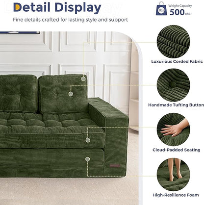 MAXYOYO Convertible Sofa Bed, Pull Out 3 Seater Sleeper Sofa, 2 in 3 Folding Couch Bed, Fold Out Floor Couch with Pillows for Living Room Bedroom Lounge, Dark Green