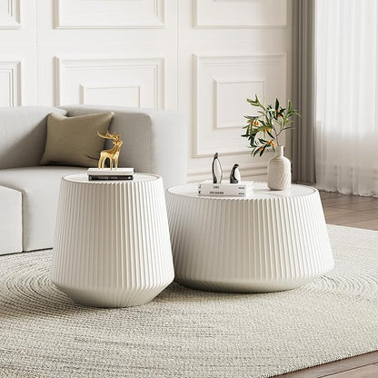 Round Coffee Table Set with Sintered Stone Tabletop, 26.77" White Drum Center Table and 19.68" White Coffee Table Set, 2 Pieces Living Room Table Set with Fluted PU Leather Cover& Stable Base