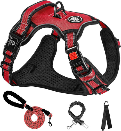 NESTROAD No Pull Dog Harness,Adjustable Oxford Dog Vest Harness with Leash,Reflective No-Choke Pet Harness with Easy Control Soft Handle for Large Dogs(X-Large,Red)