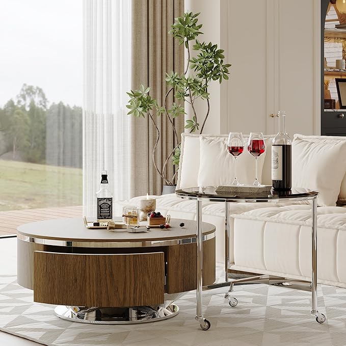 31.5 Inch Round Walnut Coffee Table with Hidden Storage Drawers and Silver Polished Stainless Steel Base, Modern Coffee Table Set with Rolling Side Table for Living Room