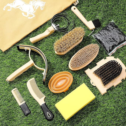 Abbylike 12 Pieces Horse Grooming Kit Racing Festival Tack Room Supplies Horse Brush Sets Equine Care Cleaning Kit Shedding Grooming Massaging Tools(Khaki)