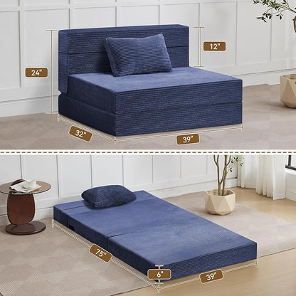 Folding Sofa Bed Convertible Floor Couch Foldable Chair Bed with Pillow，Linen Sleeper Chair Futon,Foldable Memory Foam Mattress for Bedroom/Living Room/Dorm/Office (Corduroy Navy, Standard)