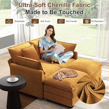 58" Cloud Couch Loveseat, Deep Seat Modular Sectional Sofa with 4 Removable Washable Pillows and 2 Ottoman for Living Room, Bedroom, Apartment, Orange