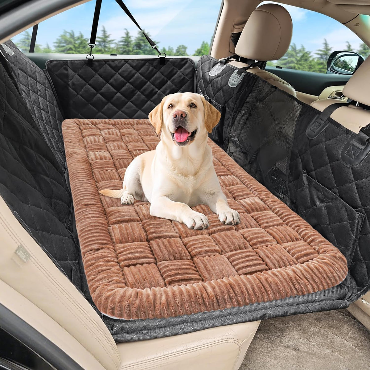 Dog Car Bed Mat, Non-Slip Backseat Extender Pet Blanket, Plaid Dog Bed for Trucks, Sedans & Large SUVs, Chew-Resistant Travel Pad for Dogs, Easy Clean & Scratch-Proof & Comfort（56"x28.7" Brown