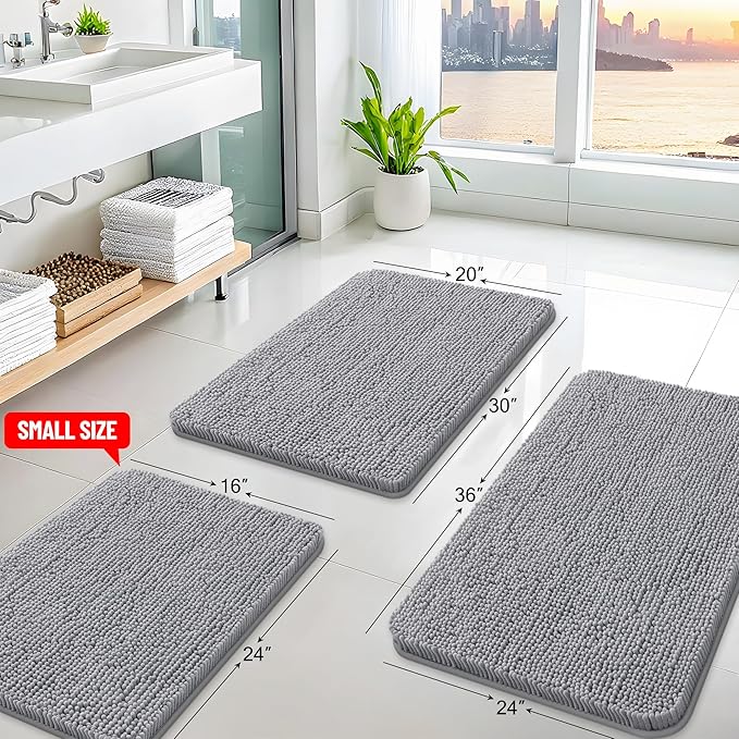 Arotive Bathroom Rugs 47x24, Extra Soft Absorbent Shaggy Chenille Bath Rugs, Machine Washable Rubber Backing Non-Slip Bath Mats for Bathroom Floor Tub and Shower, Home Decor Accessories, Grey