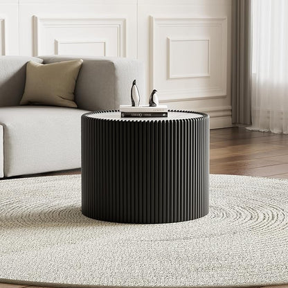 Black Round Coffee Table with Sintered Stone Tabletop, 17.71" Drum Coffee Table with Fluted PU Leather Covered and Stable Base, Circle Cocktail Tea Table for Living Room