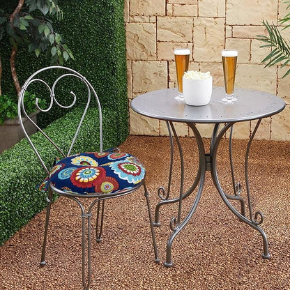 Magpie Fabrics Outdoor Round Bistro Seat Cushions with Ties, 15"x15"x4" Set of 2, Tufted Waterproof Barstool Chair Pads for Patio Home Garden Office, Floral Navy
