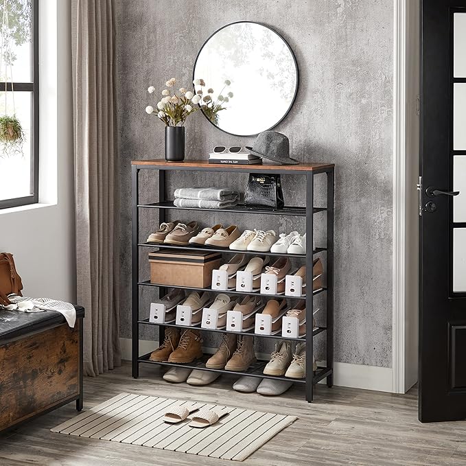 VASAGLE 6-Tier Shoe Rack, Shoe Organizer for Closet, Entryway, 24-30 Pairs of Shoes, Large Shoe Rack Organizer with 5 Metal Mesh Shelves, 11.8 x 39.4 x 43.3 Inches, Rustic Brown and Black ULBS016B01