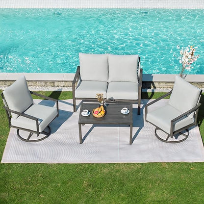 NATURAL EXPRESSIONS 4 Pieces Patio Furniture Sets, Modern Metal Outdoor Conversation Sets with High Back All Weather Hand-Woven Rope Rocking Swivel Chairs, Loveseat, Metal Table, 5.5" Thick Cushions