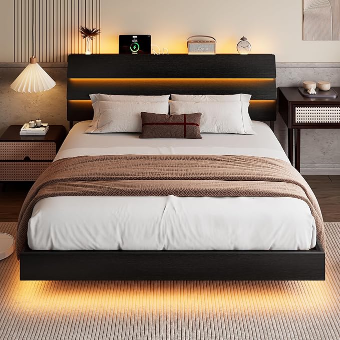 Floating Bed Frame King Size with Led Headboard and Charging Station, Metal Platform Bed Base with Storage, Remote Control, Heavy Slats Support, No Box Spring Needed, Noise Free, Black