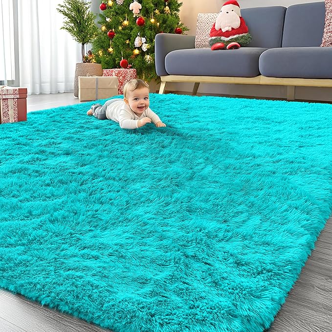 OLANLY 9x12 Machine Washable Large Area Rugs for Living Room, Bedroom, Soft Fluffy Shaggy Bedside Rug, Indoor Floor Carpet for Kids Girls and Boys, Dorms, Nursery, Home Decor Aesthetic, Teal Blue
