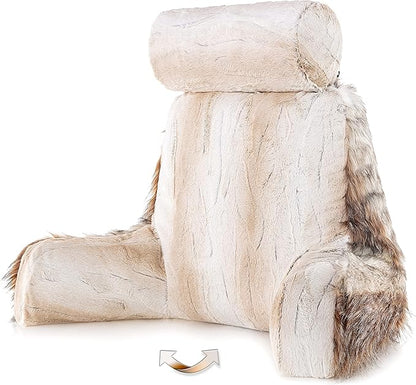 Husband Pillow Medium Rare Baby Coyote Fabulous Faux Fur Backrest, Two-Tone Reversible Double Sided Reading & Bed Rest Pillow with Arms & Neck Roll Adjustable Memory Foam - Sit Up Extremely Comfy