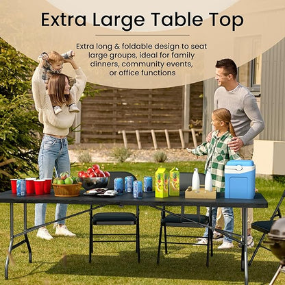 Our Modern Space 8 Feet Foldable Table with Built in Handle & Steel Legs | Heavy Duty Portable | Perfect for Party, Dining, Wedding, Events, Picnic Indoor, Outdoor, Camping, Utility, Temporary