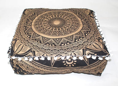 CRAFT KALA 18" Square Large Hippie Mandala Meditation Floor Ottoman Pillow Cushion Pouf Cover Square Poufs Bohemian Circle Floor Cushion Case Outdoor Fireplace Yoga Living Room Decor Cover Black Gold