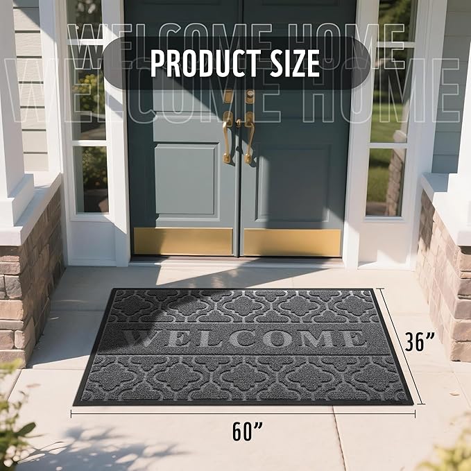 Yimobra Welcome Mat Outdoor Indoor, All-Season Waterproof Front Door Mat Outside Entrance, All-Weather Heavy Duty Non-Slip Doormat, Low Profile Porch Patio Entrance Mats, 60x36, Dark Grey