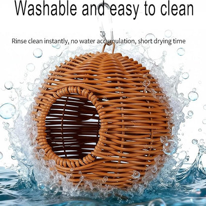 Washable & Breathable Plastic Rattan Bird Nest - Round Hanging Parrot Hammock Hut, Easy-Clean Cool Hideout for Sleeping, Egg Laying & Resting, Budgie, Lovebird, Cockatiel & Canary