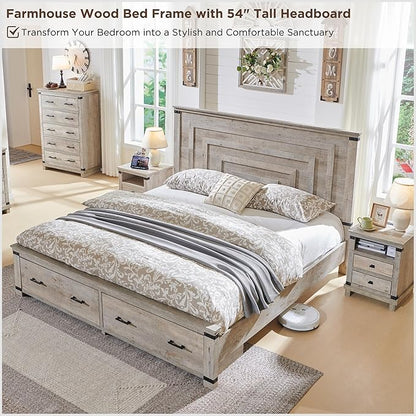 RedLemon Farmhouse Queen Size Bed Frame w/ 54" Tall Geometric Headboard, Rustic Wood Platform Bed w/ 2 Large Storage Drawers, Wood Slats Support, Noise Free, No Box Spring Needed, Light Rustic Oak