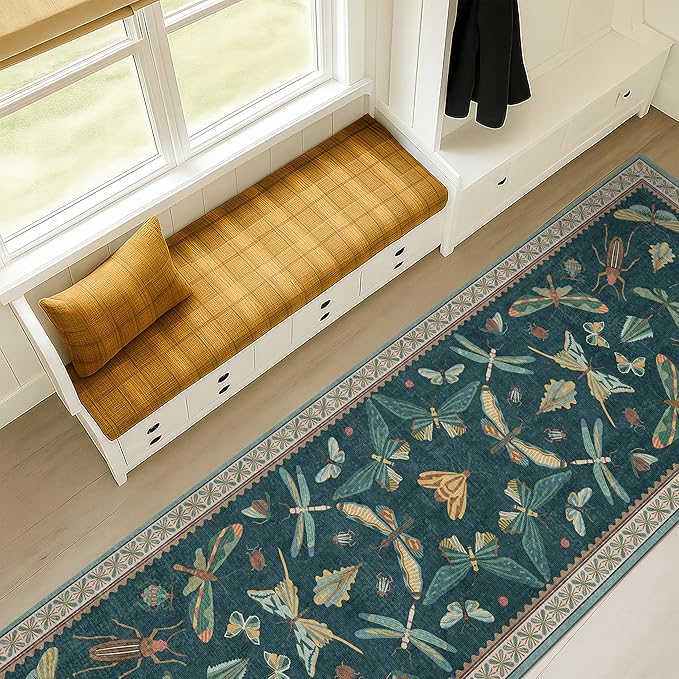 Wide Runner Rug for Hallway 2'6"x8' - Green Runner Rug for Kitchen, Hall Way, Washable Foldable Boho Insect Deor