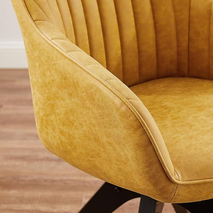 Art Leon Office Chair No Wheels, Mid Century Modern Desk Chair, Swivel Accent Chair with Oak Wood Legs, Faux Leather Upholstered Armchair for Desk, Yellow Brown