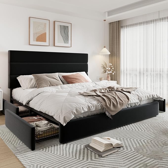 Allewie Modern King Size Platform Bed Frame with 4 Storage Drawers and Velvet Upholstered Headboard, Wooden Slats Support, Upholstered Mattress Foundation/No Box Spring Needed/Easy Assembly, Black