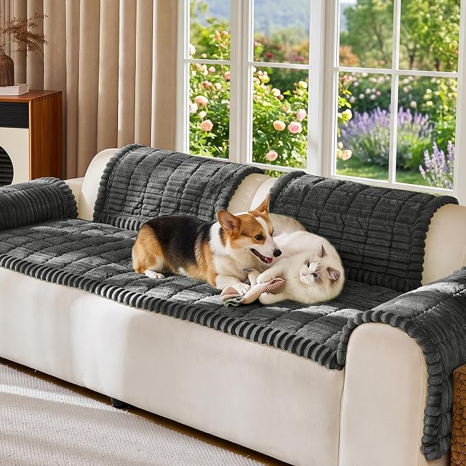 FUANGUI Waterproof Couch Cover Sofa Cover for Dogs and Pets Sofa Protector | Non-Slip Washable Fuzzy Soft Cat Bed Sofa Slipcover for 2-3 Cushion Couch Sofa Pet Friendly, Dark Grey, 27.6" x 59.1", 1 pcs