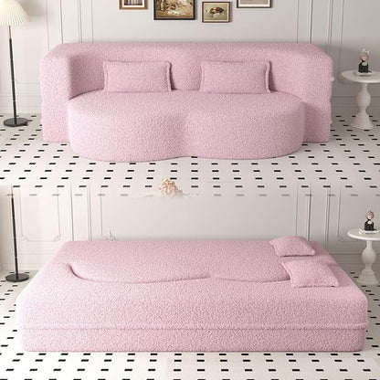 SZLIZCCC 78'' Modern Floor Sofa Bed, Convertible Teddy Fabric Sleeper with 2 Pillows, Modern Teddy Fabric Floor, Foam Folding Mattress for Living Room, Guest Bed, Playroom & Small Spaces (Pink)
