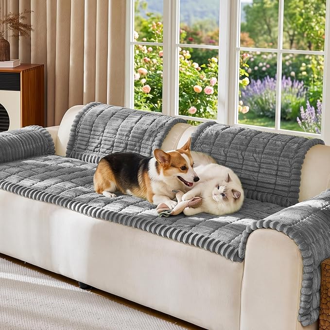 FUANGUI Waterproof Couch Cover Sofa Cover for Dogs and Pets Sofa Protector | Non-Slip Washable Fuzzy Soft Cat Bed Sofa Slipcover for 2-3 Cushion Couch Sofa Pet Friendly, Grey, 27.6" x 82.7", 1 pcs