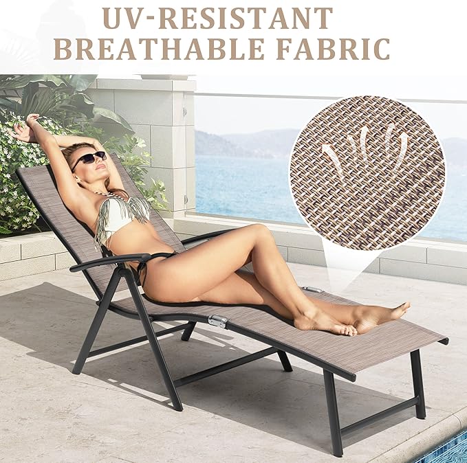 VredHom Patio Chaise Lounge Outdoor Adjustable Folding Lounge Chair Recliner with 8 Adjustable Backrest Positions for Pool Beach Yard,Textliene & Brown Aluminum Frame